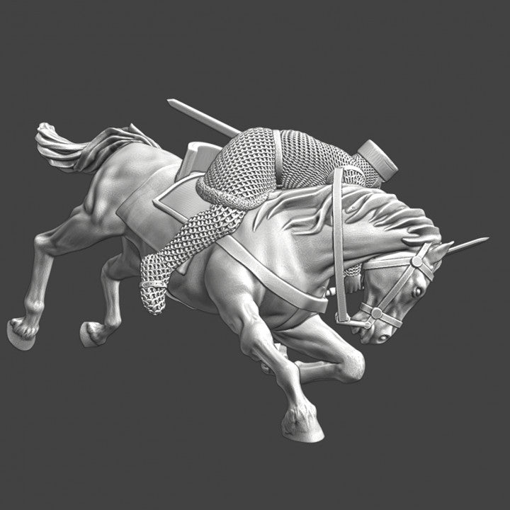 Medieval early crusader knight falling with horse