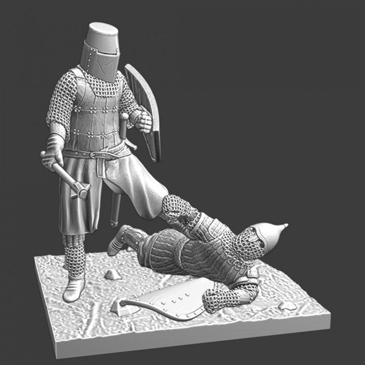 Medieval Crusader Knight stepping on wounded Rus warrior