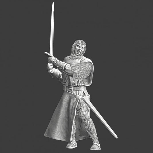 Medieval knight swinging two hand sword