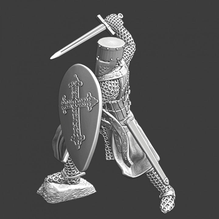 Medieval religious knight fighting with sword.