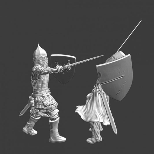 Medieval duel Novgorod warrior vs. crusader knight