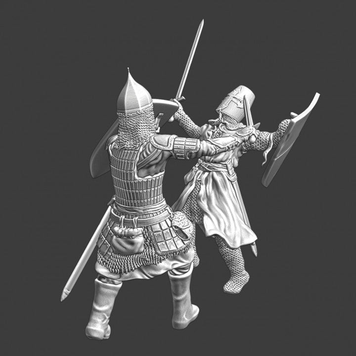 Medieval duel Novgorod warrior vs. crusader knight