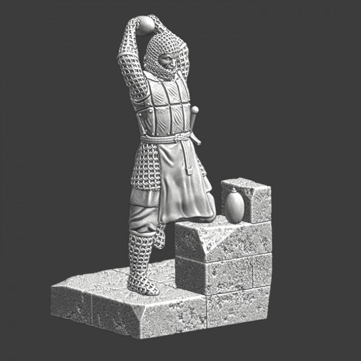 Medieval soldier throwing granate