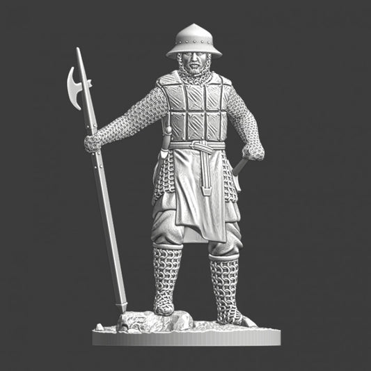 Medieval soldier with pole weapon resting.