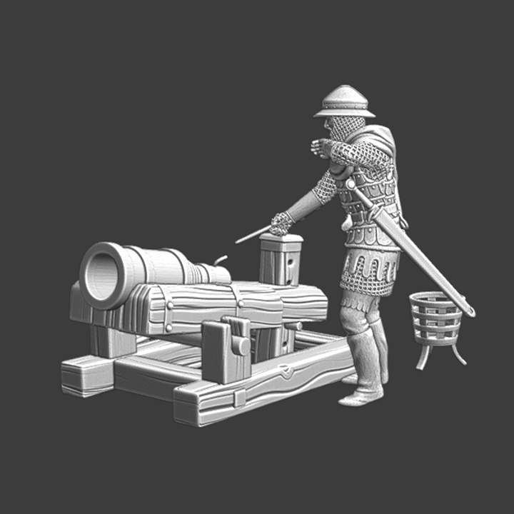 Medieval bombard scene - Cannon & gunner