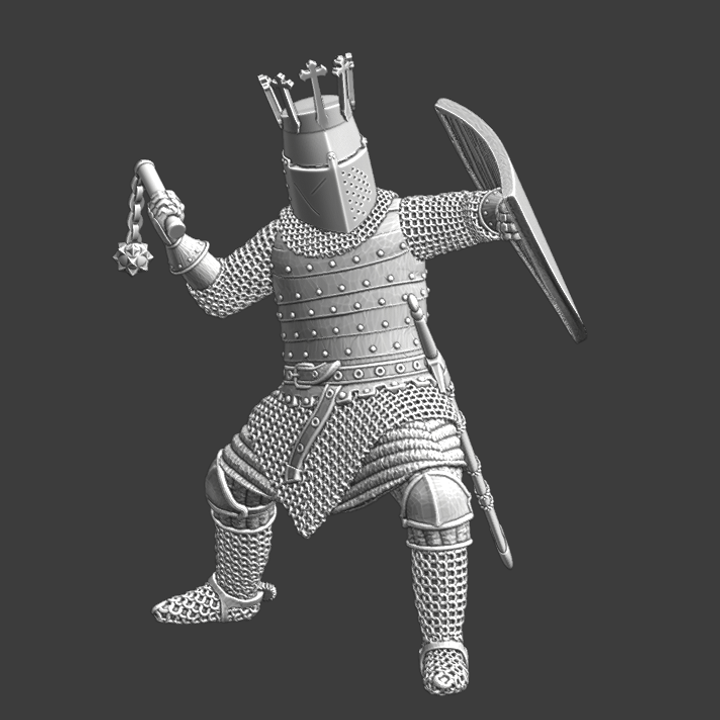 Medieval crowned knight, fighting with flail