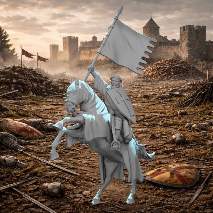 Mounted Medieval Crusader Knight with Order Banner