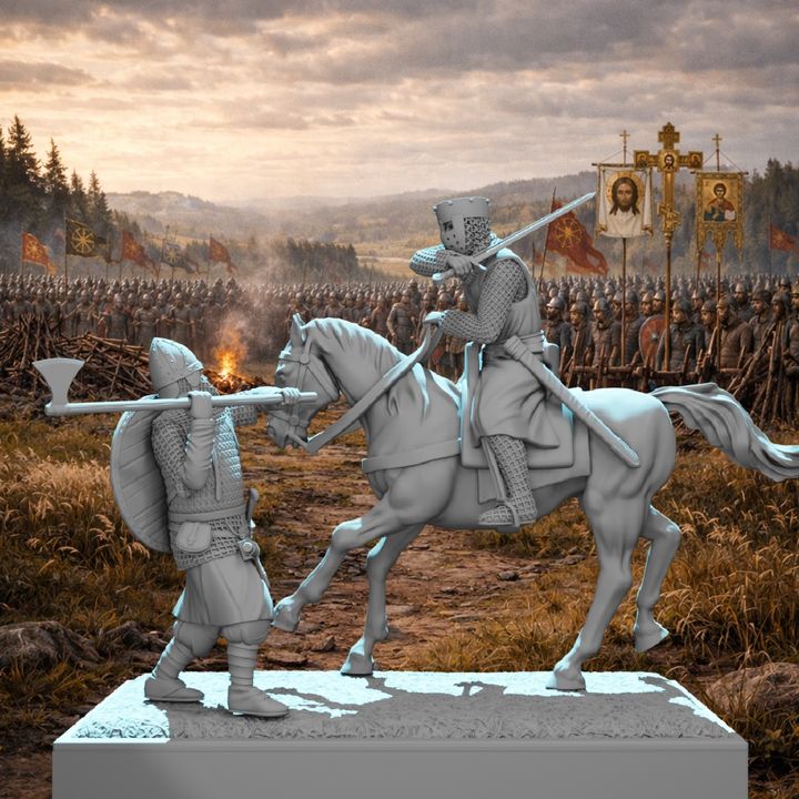 Mounted Crusader Knight vs Byzantine Varangian Guard – Diorama Vignette