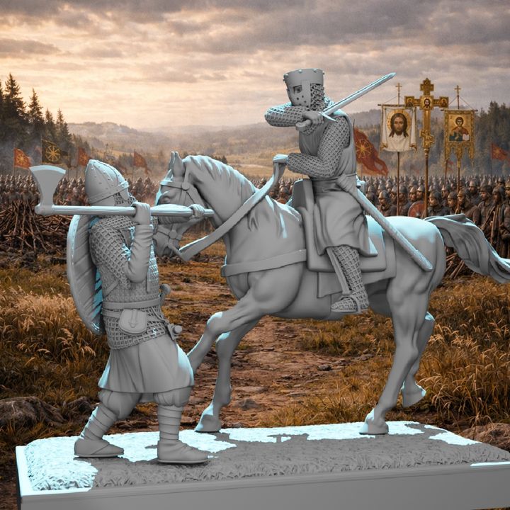 Mounted Crusader Knight vs Byzantine Varangian Guard – Diorama Vignette