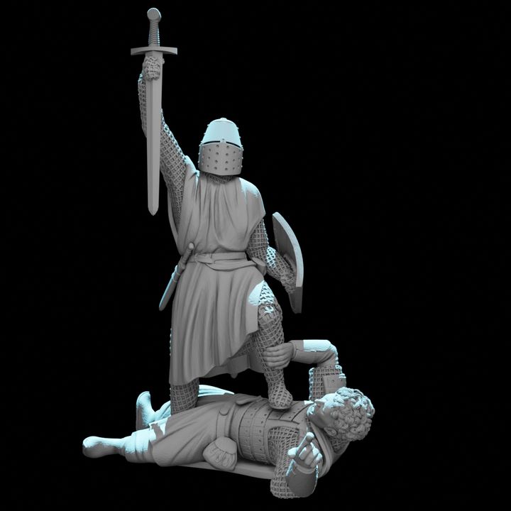Crusader Knight Standing Victorious Over Fallen Russian Warrior