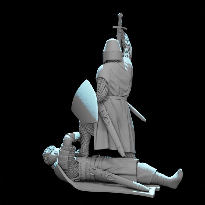 Crusader Knight Standing Victorious Over Fallen Russian Warrior