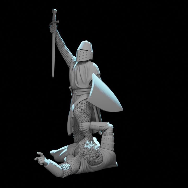 Crusader Knight Standing Victorious Over Fallen Russian Warrior