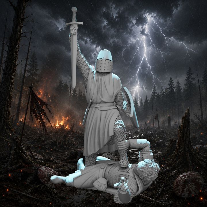 Crusader Knight Standing Victorious Over Fallen Russian Warrior