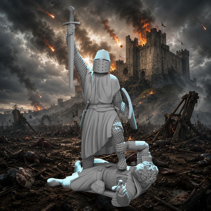 Crusader Knight Standing Victorious Over Fallen Russian Warrior