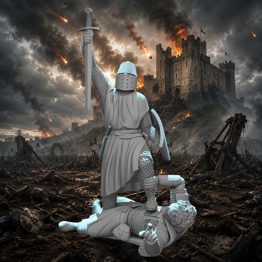 Crusader Knight Standing Victorious Over Fallen Russian Warrior