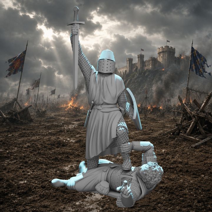 Crusader Knight Standing Victorious Over Fallen Russian Warrior