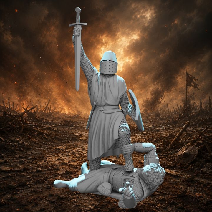 Crusader Knight Standing Victorious Over Fallen Russian Warrior
