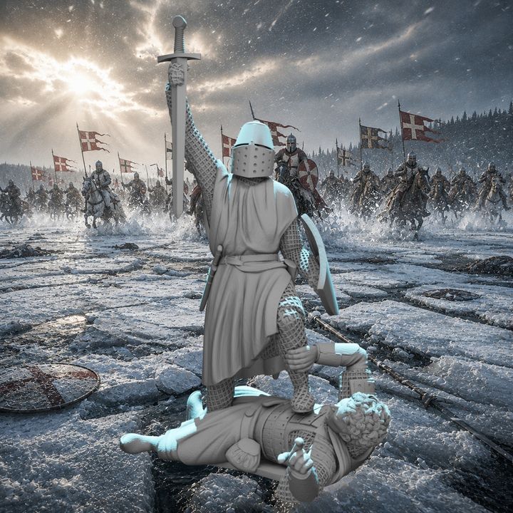 Crusader Knight Standing Victorious Over Fallen Russian Warrior