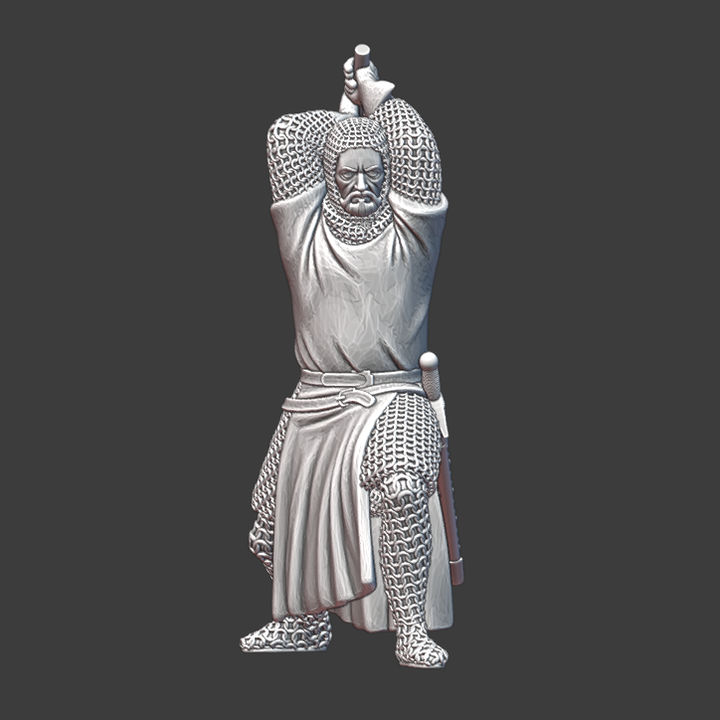 Medieval Crusader Knight fighting with axe.