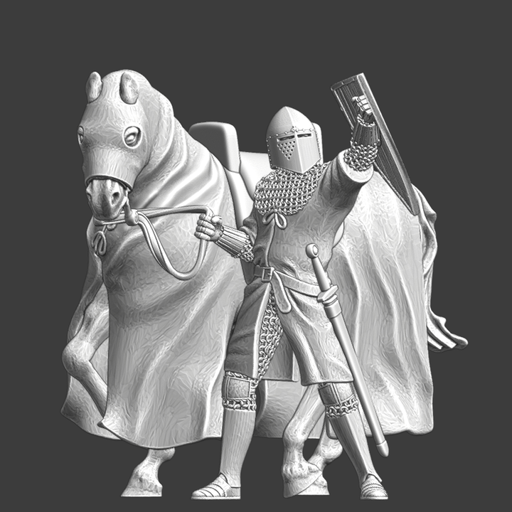 Medieval crusader knight standing with his warhorse