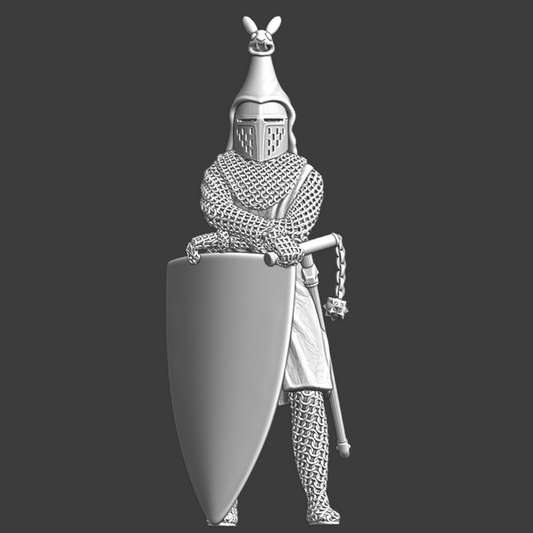 Medieval knight with flail, and crested helmet