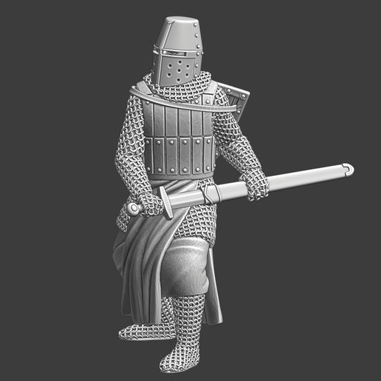 Medieval Crusader Knight Drawing Sword – Great Helm Warrior.