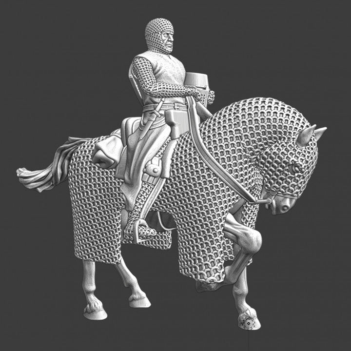 Mounted medieval knight with helmet in hand.