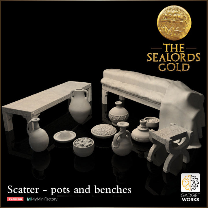 Scatter scenery - pots, benches and cloth by Gadgetworks Miniatures