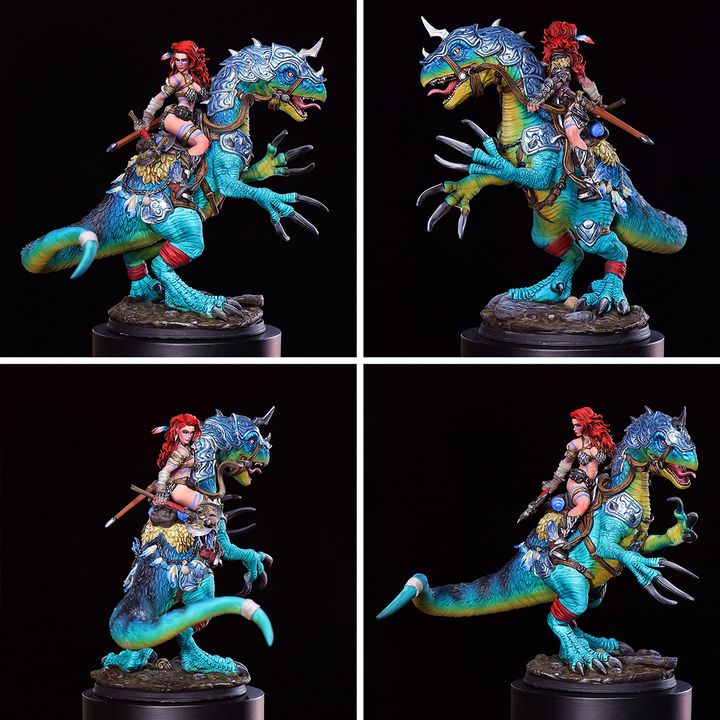 Rodica And Dreadclaw - Female Barbarian riding on therizinosaurus by Ronin Arts Workshop