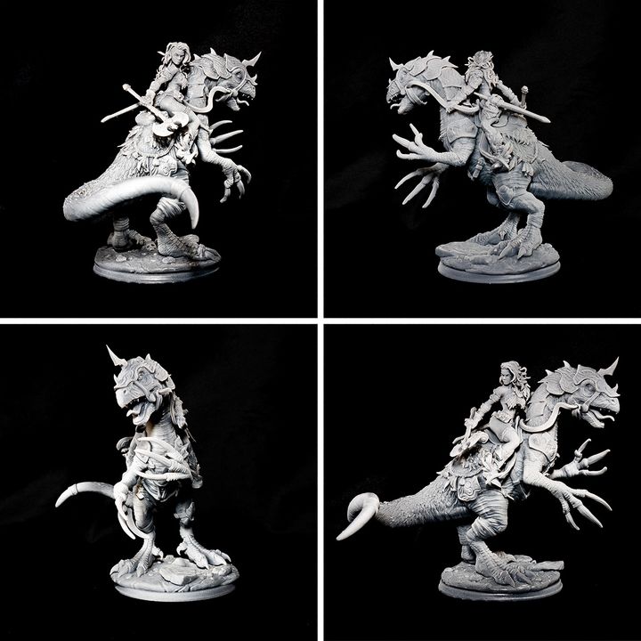 Rodica And Dreadclaw - Female Barbarian riding on therizinosaurus by Ronin Arts Workshop
