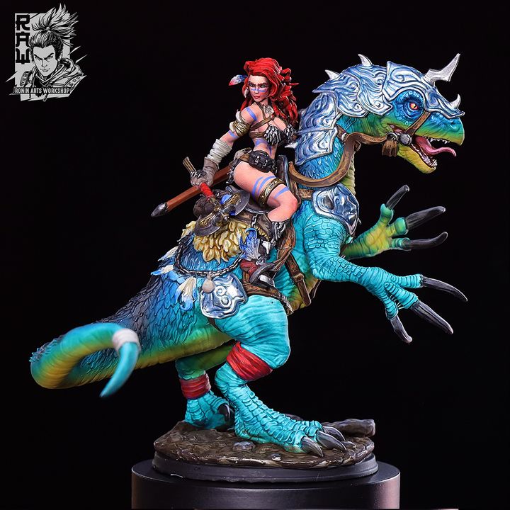 Rodica And Dreadclaw - Female Barbarian riding on therizinosaurus by Ronin Arts Workshop
