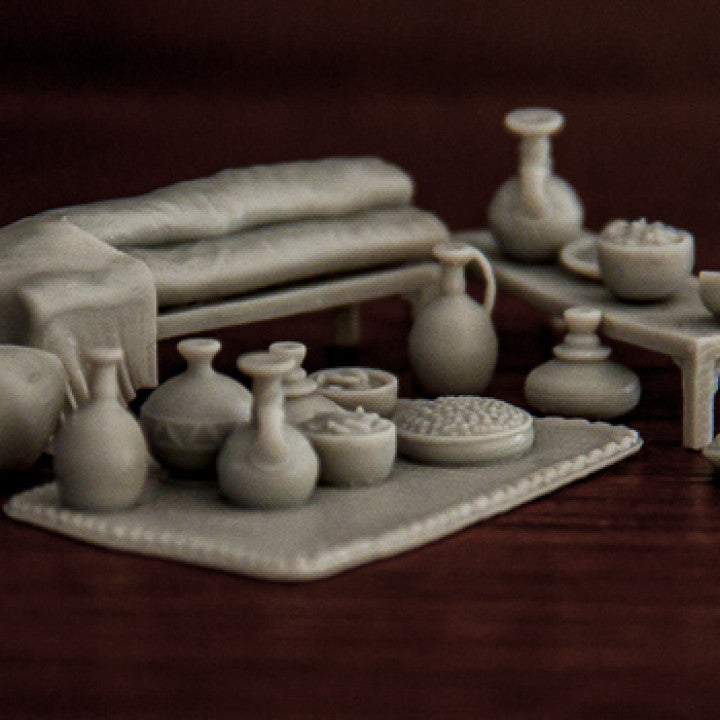 Scatter scenery - pots, benches and cloth by Gadgetworks Miniatures