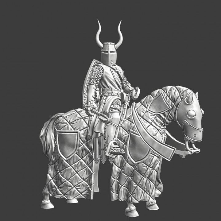 Horned Teutonic knight mounted with mace