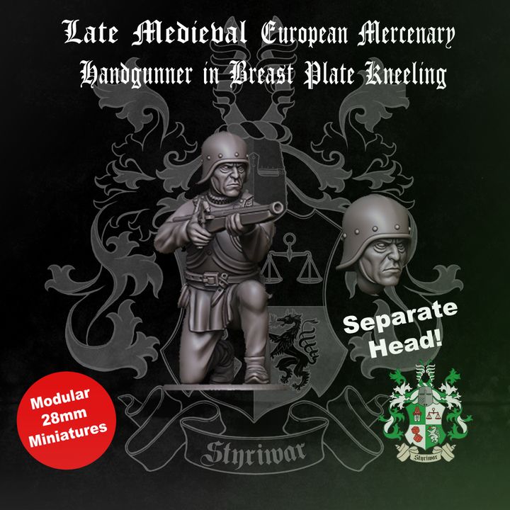 Late Medieval European Mercenary Handgunner with Breastplate Kneeling by Styriwar.