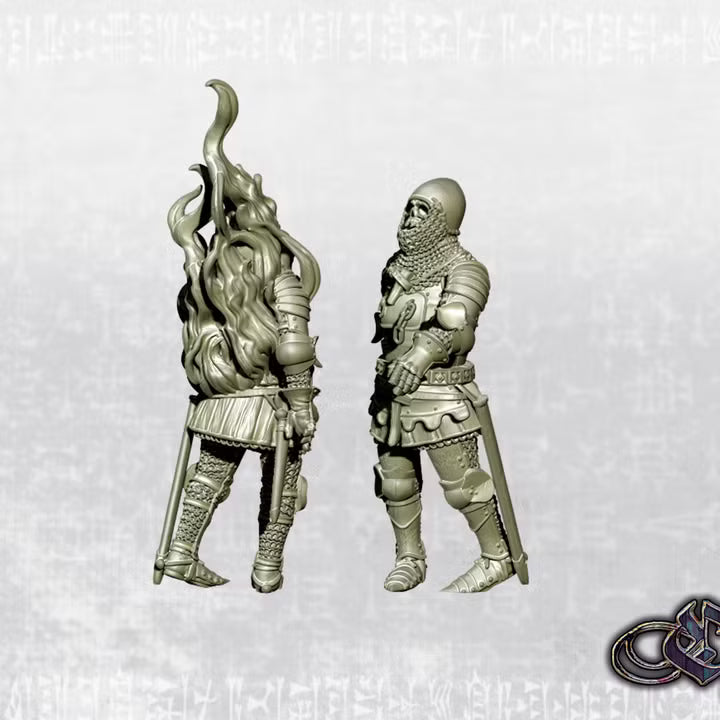 "Revived Man-at-arms with heavy armour on foot in flames - Dark 14th century" by Ezipion miniatures