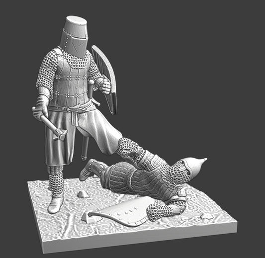 "Stay Down" - Medieval Crusader Knight stepping on wounded Rus warrior.